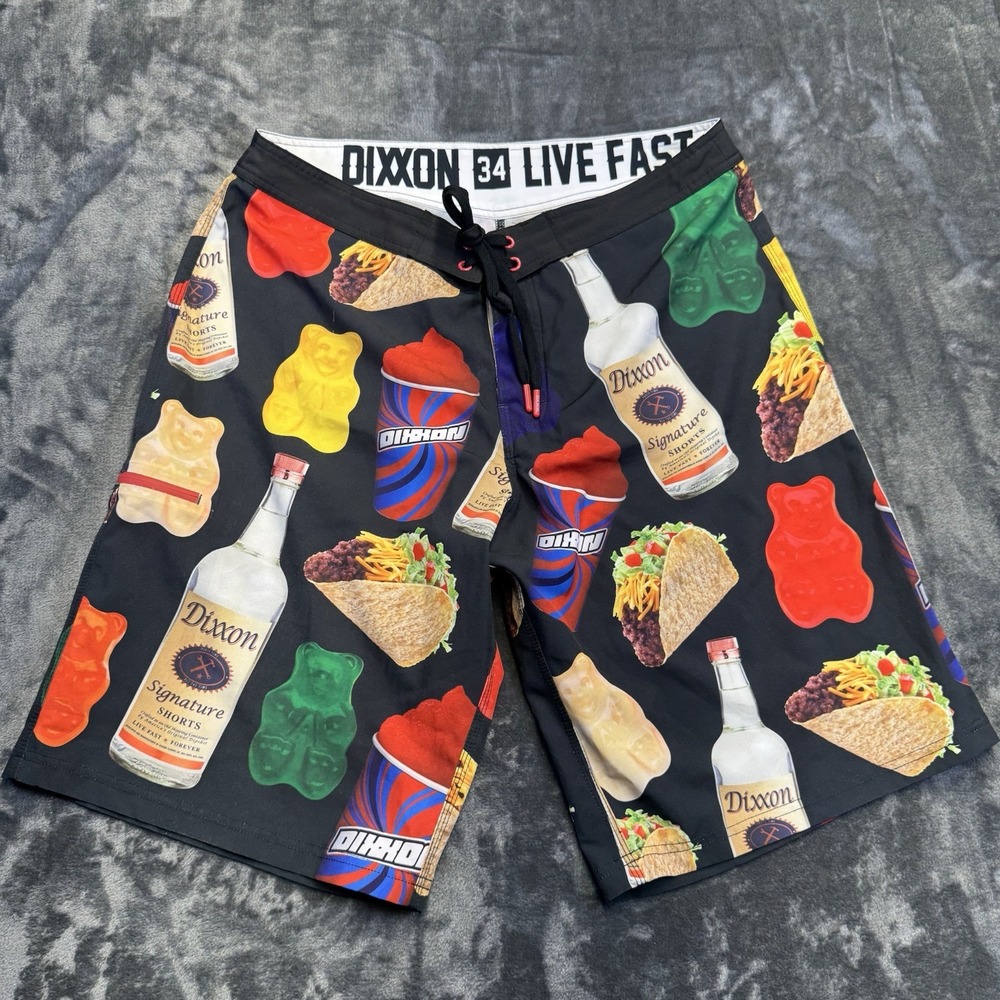 Dixxon Live Fast Board Shorts Mens 34 Black Vodka Taco Slushy Gummy Bear Print